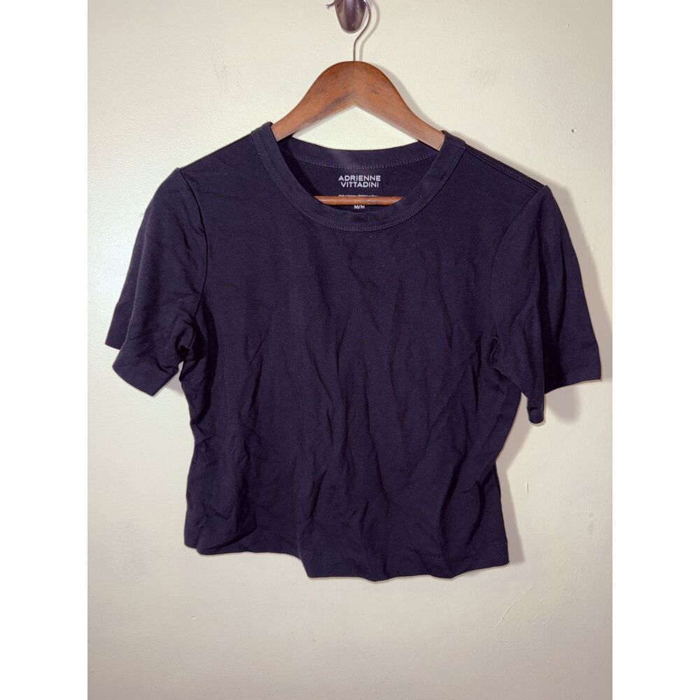 Adrienne Vittadini Black Short Sleeve Crewneck Top Medium Cropped Fitted Tee